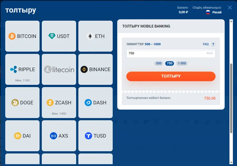 Интерфейс Mostbet: сверху логотип, слева способы оплаты (карта, кошелёк, криптовалюта, мобильный банк), справа поле для ввода суммы и кнопка „Пополнить“.